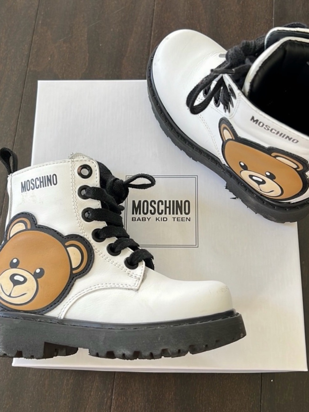 Moschino Kids White Leather Teddy Lace-Up Boots